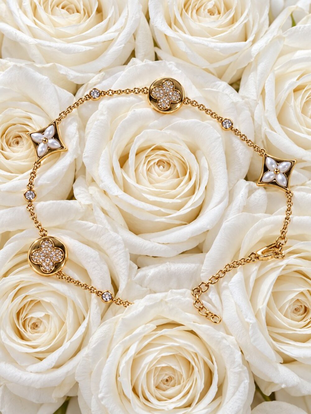 Gold Tone White Floral Charm Bracelet Pave Sparkle Adjustable Dainty Jewelry